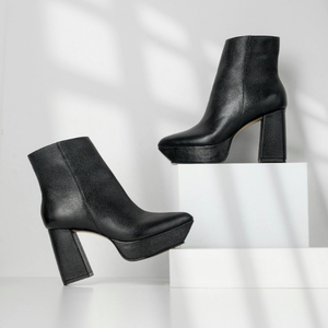 Women's Black Faux Leather Platform High-Block Heel Ankle Boots