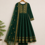 Women’s Bottle Green & Gold Printed Anarkali Kurta Set with Dupatta