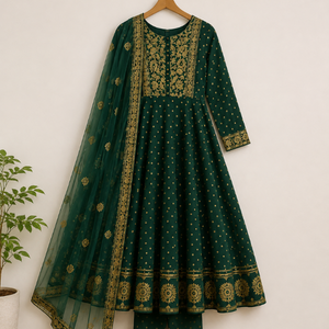 Women’s Bottle Green & Gold Printed Anarkali Kurta Set with Dupatta