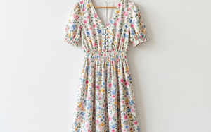 White Floral Print V-Neck Midi Dress with Puff Sleeves