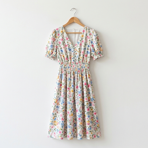 White Floral Print V-Neck Midi Dress with Puff Sleeves
