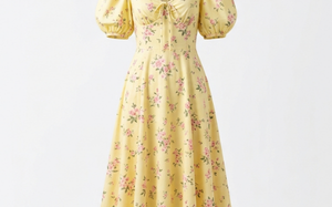 Pastel Yellow Floral Print Sweetheart Midi Dress with Puff Sleeves