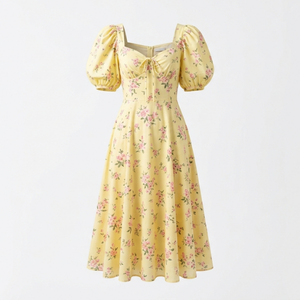 Pastel Yellow Floral Print Sweetheart Midi Dress with Puff Sleeves