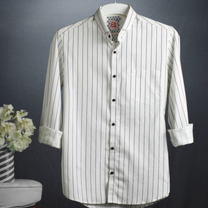 Men's White Vertical Striped Full-Sleeve Cotton Shirt